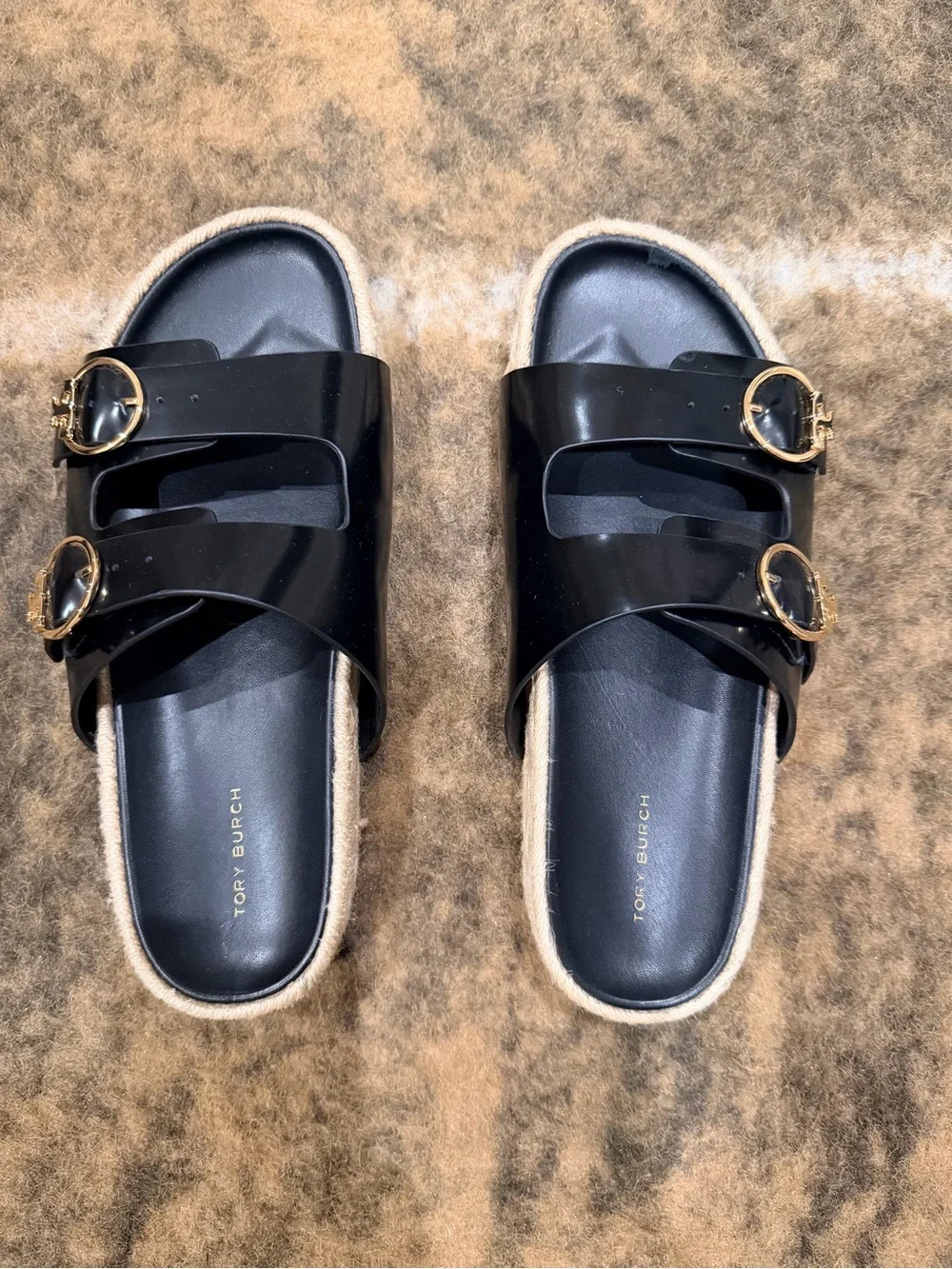 Tory Burch Black Slide Sandals with Gold Logo Buckles